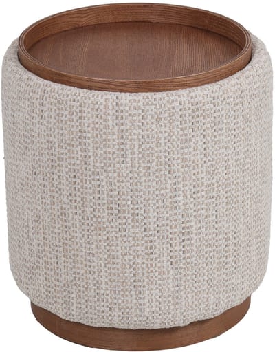 DÉJA Living Bijzettafel Marcia Beige/Walnoot – Rond – Met Opbergruimte – Chenille en Essenfineer – 40x40x44 cm