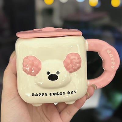 Schattige Puppy Mok met Deksel Roze Schattige Keramische Waterbeker Girly Hart Kantoor Koffiekopje Souvenir 350ml beige