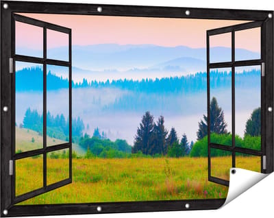 Gards Tuinposter Doorkijk Mistige Heuvel Landschap met Bossen - 120x80 cm - Tuindoek - Tuindecoratie - Wanddecoratie buiten - Tuinschilderij