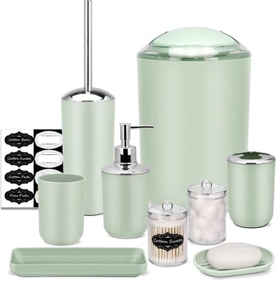 Famanu - 8-delige groene badkameraccessoireset - prullenbak, zeepdispenser, zeepschaal, tandenborstelhouder, toiletborstelhouder, Qtip houder