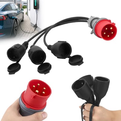 CEE Verdeelkabel 16A 400V naar 3x 230V - 0.5m Verlengkabel met Klapdeksel voor Caravan en Industrie