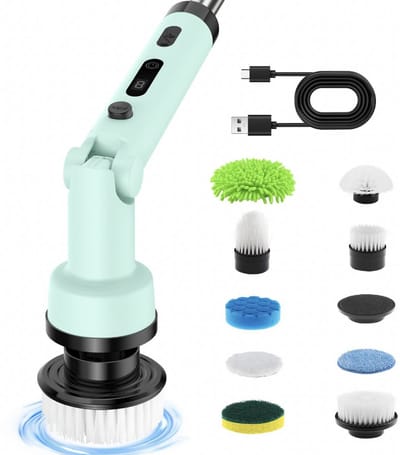 ZYLARO Elektrische Schoonmaakborstel – Schrobborstel – voor badkamer of keuken - met 1.4m telescopische handgreep - met 10 opzetstukken - Groen