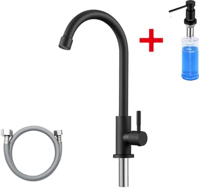 Sofetiy MAX Keukenkraan zwart - Koudwaterkraan Keuken - Met Zeepdispenser 300ML - 360° draaibare keukenkraan - Handdouche - Mat Flexibele Slang - Zwart