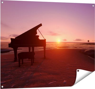 Gards Tuinposter Piano op het Strand bij Zonsondergang - 100x80 cm - Tuindoek - Tuindecoratie - Wanddecoratie buiten - Tuinschilderij