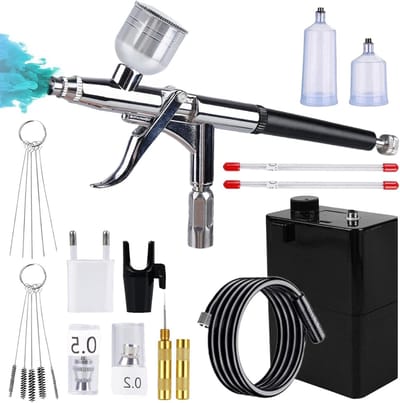 Draagbare Airbrush Set met Compressor, 40 PSI - Dubbelwerkende Spuitgun + Schoonmaakaccessoires voor Make-up, Nagelkunst en Taartdecoratie