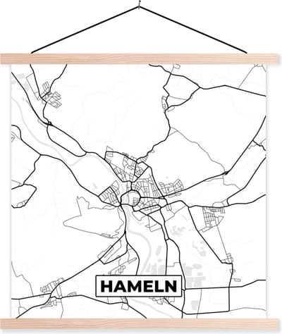 Posterhanger incl. Poster 40x40 cm - Schoolplaat - Plattegrond - Hameln - Kaart - Stadskaart - Textielposter - Blanke latten - Stadskaart
