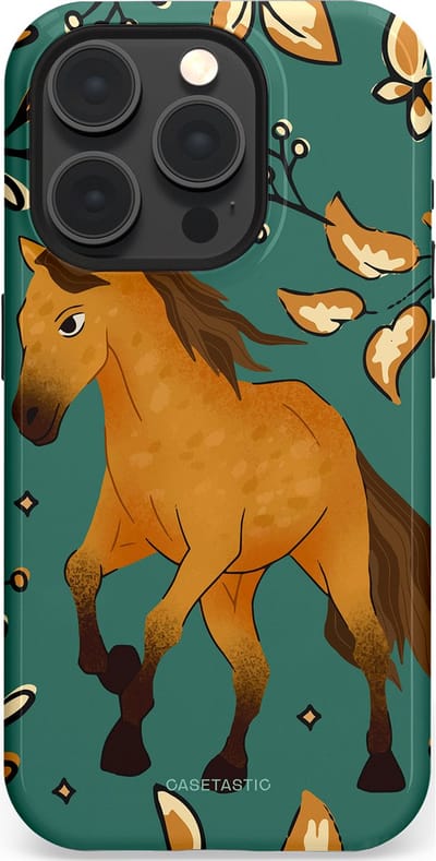 Casetastic Hoesje Geschikt voor Apple iPhone 15 Pro Magsafe - Stijlvolle Beschermende Duo-layer Case - Groene bruine Paarden elegantie - Paris