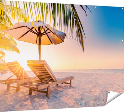 Gards Tuinposter Tropisch Strand tijdens Zonsondergang - 160x120 cm - Tuindoek - Tuindecoratie - Wanddecoratie buiten - Tuinschilderij