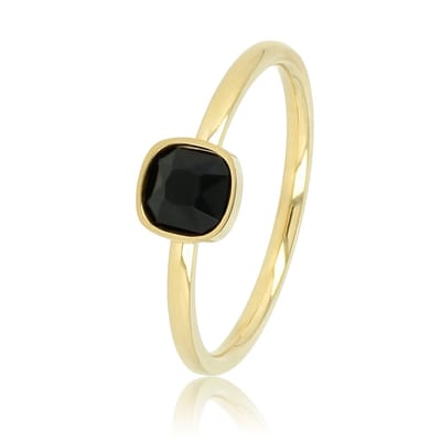 My Bendel - Fijne Goudkleurige Aanschuifring met Vierkante Zwarte Glassteen - Goudkleurige Ring met Vierkante Glassteen • Zwart - met Luxe Cadeauverpakking | Sieraden Voor Dames | Maat 21.00 Mm / Maat 66
