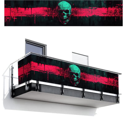 Balkonscherm 500x110 cm - Balkonposter Schedel - Cyberpunk - Neon Rood - Balkon scherm decoratie - Balkonschermen - Balkondoek zonnescherm