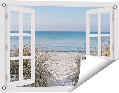 Gards Tuinposter Doorkijk Strand en Zee vanuit de Duinen - 60x40 cm - Tuindoek - Tuindecoratie - Wanddecoratie buiten - Tuinschilderij