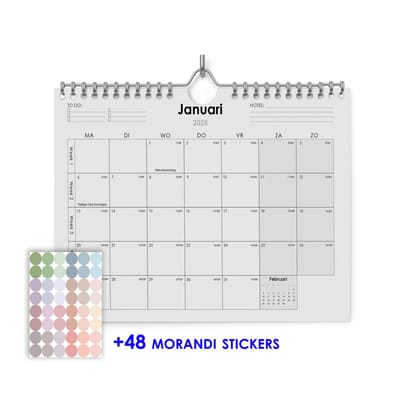 Kalender 2025 - 32x22.5cm (A4+) - Inclusief 48 morandi stickers - 300gramsgewicht ecopapier
