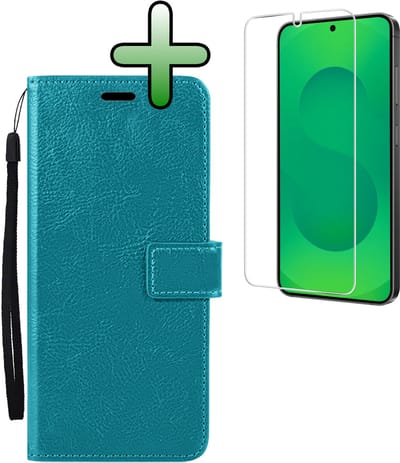 Hoesje Met Screenprotector - Geschikt voor Samsung Galaxy S25 Edge - Luxe Pasjeshouder - Bookcase Portemonee - Flip Case - Kunstleer Book Case - Flipcase - Book Cover - Walletcase - Portemonneehoes - Turquoise