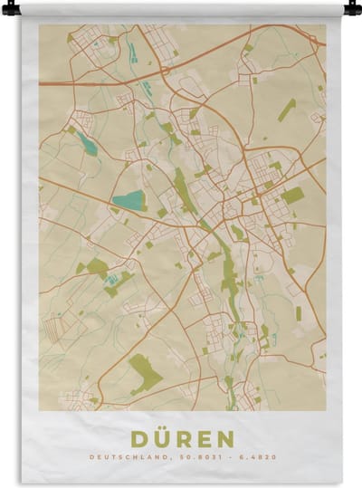 Wandkleed - Wanddoek - Plattegrond - Düren - Kaart - Vintage - Stadskaart - 120x180 cm - Wandtapijt