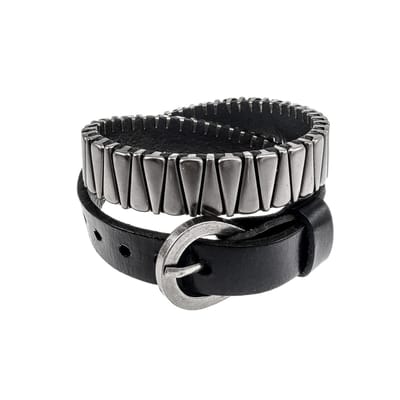 Unisex Dubbele Zwarte Leren Armband met Driehoek Studs, Dubbele Wikkelarmband - Verstelbaar 14 en 18 cm