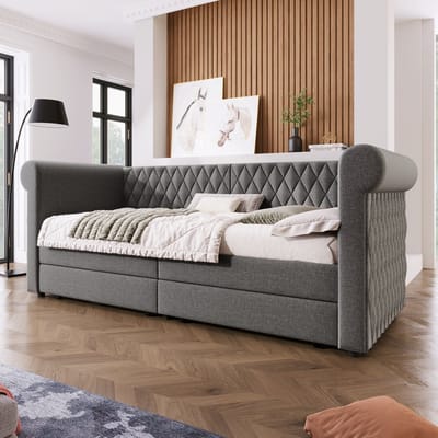 Wishdor Gestoffeerd Daybed 90x200 cm – Vintage Hoofdbord – 2 Opberglades – Linnen – Grijs