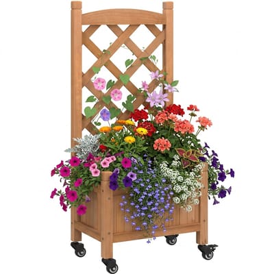 Plantenbak met klimrek - Bloembak - Weerbestendig - Plantenrek - Met trellis - Met wieltjes - Buiten - Hout - 36 Liter - Bruin