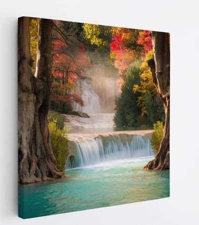 Saammp Canvas Schilderij - Waterval tussen de bomen - Landschap - Natuur - 20x20 - Foto op canvas - Wanddecoratie - Muurdecoratie Woonkamer - Slaapkamer decoratie - Canvas Print