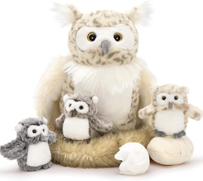 Uil Knuffeldier Set - Pluche Speelgoed - Cadeau Kinderen - Met 3 Baby's - XXL 40 cm - Ivoor Kaki