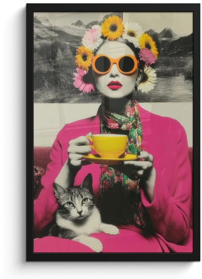 Poster in lijst - Fotolijst 40x60 cm - Posters - Vrouw - Kat - Bloemen - Kopje - Retro - Posterlijst zwart - Decoratie - Wanddecoratie woonkamer - Muurdecoratie slaapkamer