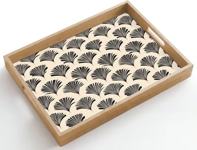 Dienblad hout 50x35 cm - Schootdienblad - Waaiers - Botanisch - Zwart - Beige - Borrelplank rechthoek - Plateau dienbladen