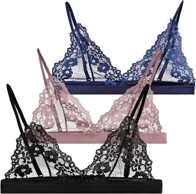 3-delige Kanten Bh Set voor Vrouwen - Transparante Push Up Balconette zonder Beugel met Driehoek Cups - Sexy Ondergoed voor een Verleidelijke Look