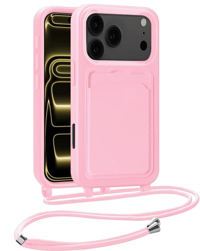 Hoesje Geschikt voor iPhone 17 Pro Max Telefoonhoesje Met Koord Case Pashouder Siliconen - Hoes Geschikt voor iPhone 17 Pro Max Hoesje Met Kaarthouder - Lichtroze