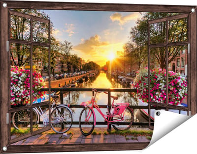 Gards Tuinposter Doorkijk Amsterdamse Brug met Zonsopgang - 90x60 cm - Tuindoek - Tuindecoratie - Wanddecoratie buiten - Tuinschilderij