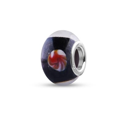 Quiges - Glazen - Kraal - Bedels - Beads Zwart met Rood Witte Bloemen Past op alle bekende merken armband NG1958