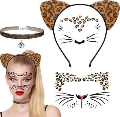 Leoparden Oorbellen en Haarclips Set voor Carnaval, Leo Hoofdband en Gezichtstatoeages, Perfecte Accessoires voor Kostuums en Cosplay