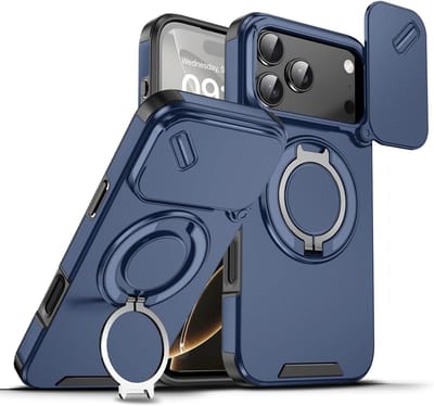 Hoesje Geschikt voor iPhone 17 Pro Max hoesje Blauw - Shock Hybrid Armor Hoes met Kickstand Ring en Camera Bescherming - Geschikt voor MagSafe