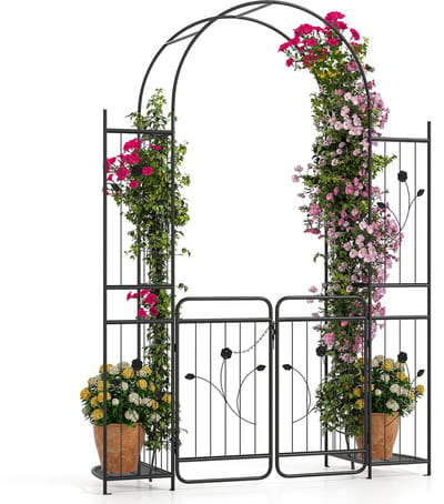 COSTWAY Rozenboog met deur, latwerk en 2 planken, tuinboog van metaal, stabiel, poortboog voor klimplanten, klimhulp, klimhulp, incl. grondpennen, voor bruiloftsfeesten, 163 x 50 x 220 cm