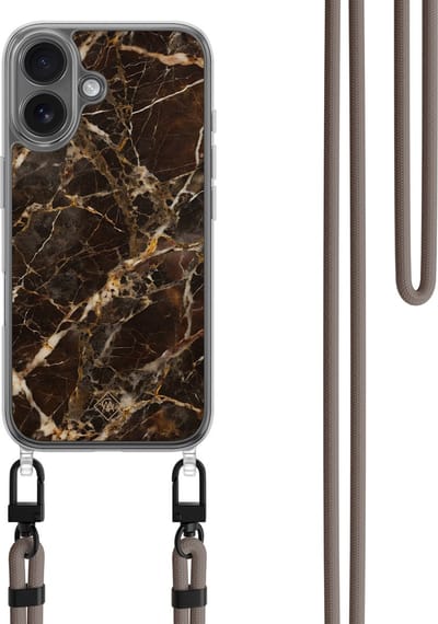 Casimoda® hoesje met koord - Geschikt voor iPhone 16 - Marmer Bruin - Afneembaar koord - TPU/polycarbonaat - Multi