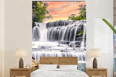 Behang - Fotobehang Waterval - Water - Stenen - Planten - Natuur - Breedte 195 cm x hoogte 300 cm