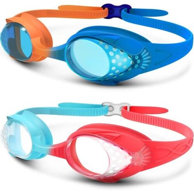 OutdoorMaster Kinderzwembrillen 2-pack - Snelsluitbare verstelbare zwembrillen voor kinderen, oranje & blauw + blauw & rood