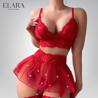 Elara - Liana Luxe Romantische 3-delige Lingerieset met Kant, Tule Rokje & Jarretels - Sexy Dames Lingerie - Erotische Lingerie - Rood - S