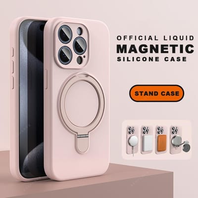 Magnetische Vloeibare Siliconen Standaard Telefoonhoes Voor iPhone 15 14 16 Plus 11 12 13 16 Pro Max Magsafe Ringhouder Beschermer Zachte Cover For iPhone 16 Pro black