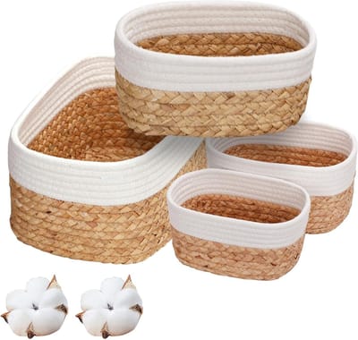 Opbergmand mand mand mand 4-delige gevlochten set van waterhyacint en katoen, badkamer opslag badkamer opbergbox organizer voor decoratieve keuken opbergbadkamer of slaapkamer