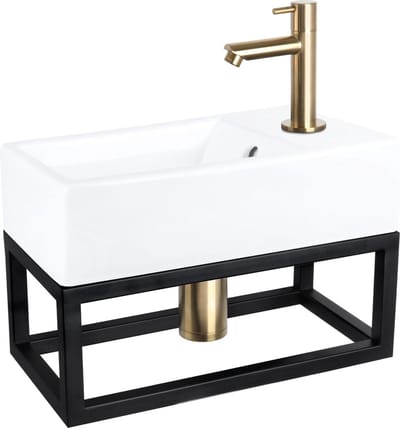 Differnz Force Fonteinset - Keramisch Wasbakje Met Rechte Kraan Mat Goud - Inclusief Afvoerplug, Sifon En Bevestigingsmateriaal - Mat Zwart Handdoekrek - Hangend - 40 x 22 x 11.5 cm - Wit