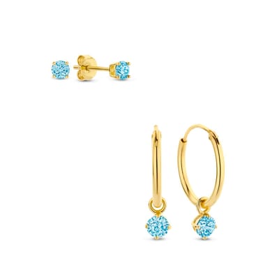New Bling 9SIL-SET0022 Zilveren Set Oorringen met hangertje en Oorknopjes met Zirkonia - 15mm Doorsnee - Knopjes 3mm - Blauw - Zilver - Verguld/Goud op Zilver