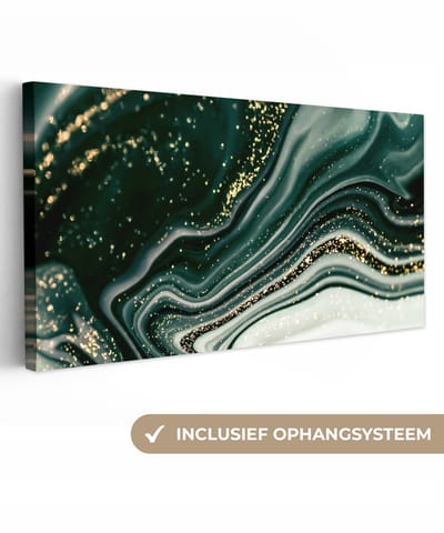 Canvas schilderij 40x20 cm - Wanddecoratie Marmerlook - Goud - Groen - Glitter - Design - Marmer - Muurdecoratie woonkamer - Slaapkamer decoratie - Kamer accessoires - Schilderijen op canvas