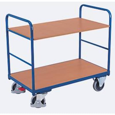 Etagewagen, staal/MDF-plaat, decor gentiaanblauw/beuken, 2 etages, 850 x 500 mm, EasySTOP, tot 250 kg