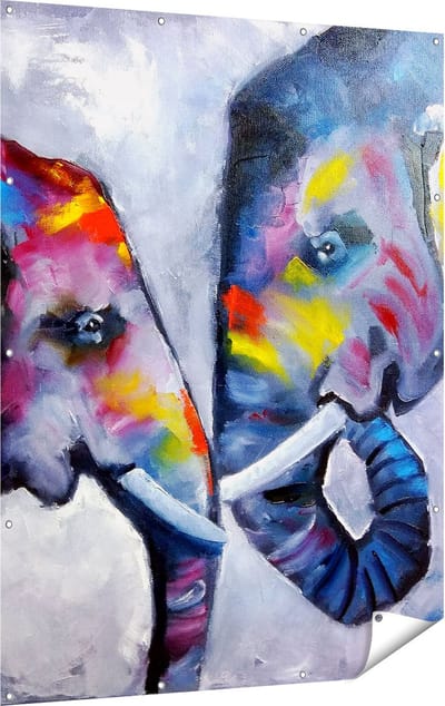 Gards Tuinposter Twee Getekende Olifanten - Abstract - 120x160 cm - Tuindoek - Tuindecoratie - Wanddecoratie buiten - Tuinschilderij