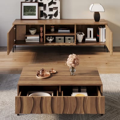 Massief houten golvende salontafel en tv-kast combinatie - opbergset met natuurlijke houtnerf - opbergmeubilair voor de woonkamer