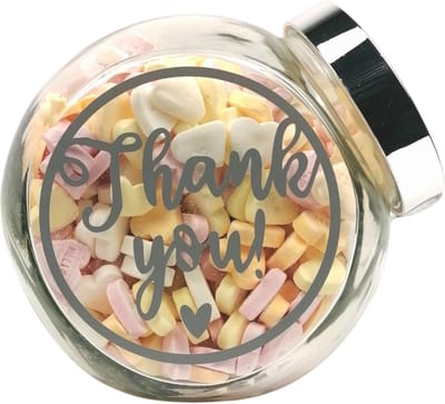 Snoeppot "Thank you" gevuld met vruchtenhartjes , bedankje - bedankt - bedankt cadeau - snoep cadeau