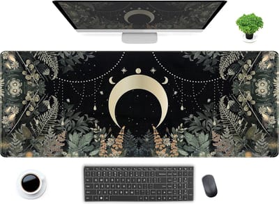 Famanu – XL bureaumat met blad- en maanontwerp - gestikte randen - geschikt voor laptop - toetsenbord en muis - antislip rubberen onderzijde - 80 x 30 cm