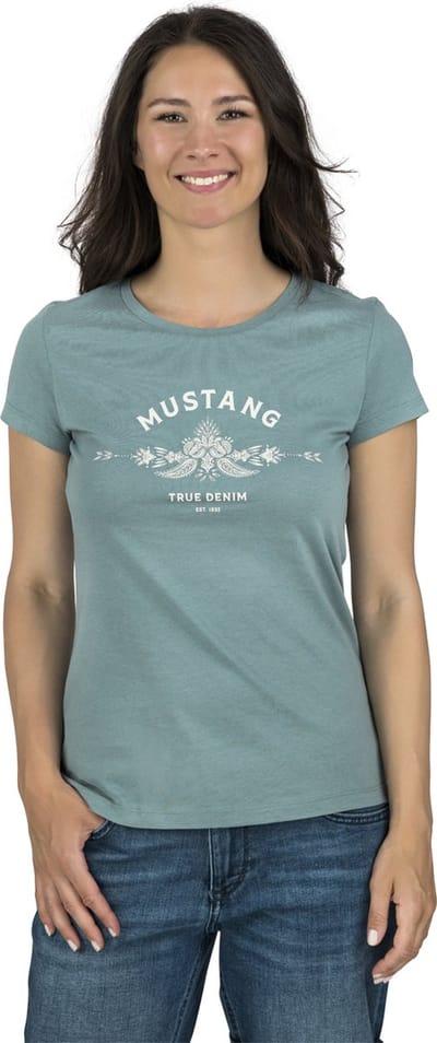 Mustang Dames T-Shirt Alexia C Logo slim fit Turkoois XL Ronde Hals Volwassenen Basic T-shirt met korte mouwen en ronde hals gemaakt van 100% katoen