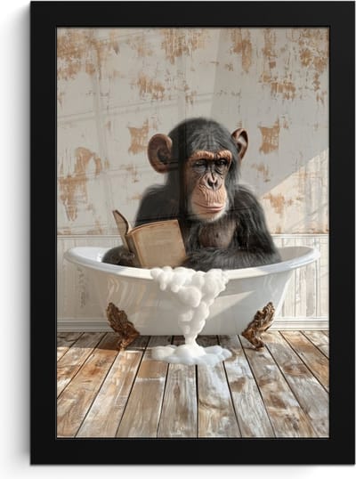 Poster in lijst - Fotolijst 20x30 cm - Posters - Vintage - Aap - Badkuip - Schuim - Dier - Posterlijst zwart - Wanddecoratie badkamer - Muurdecoratie WC - Decoratieve accessoires - Toilet muur decoratie