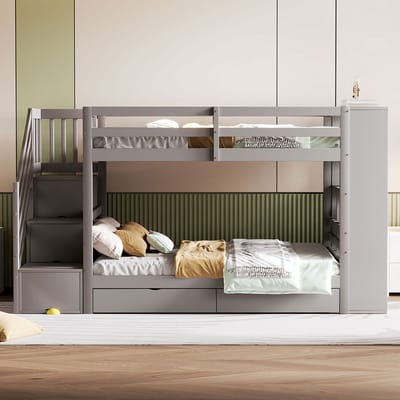 VVBV Stapelbedframe 90x200 cm - Opbergruimte, Planken, Lattenbodem, Trap/Ladder, Uitvalbeveiliging - Massief Hout Grijs