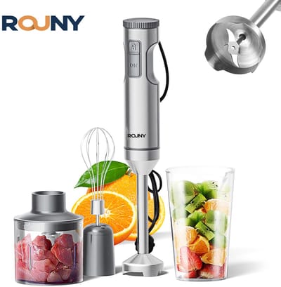 ROUNY Staafmixer 1000W – 4-in-1 Set – 700ml + 500ml Bekers – 4 Opzetstukken – RVS 304 Mes – Kinderveilig